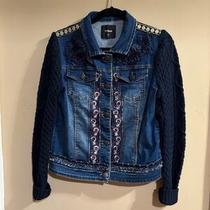 Desigual Unique Boho Floral Shimmer Embellished Jean Jacket w/ Cable Knit Sleeve